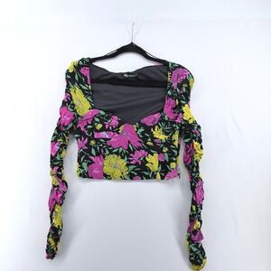 Zara Floral Ruched Long Sleeve Crop Top Sweetheart Neck Bustier Size M